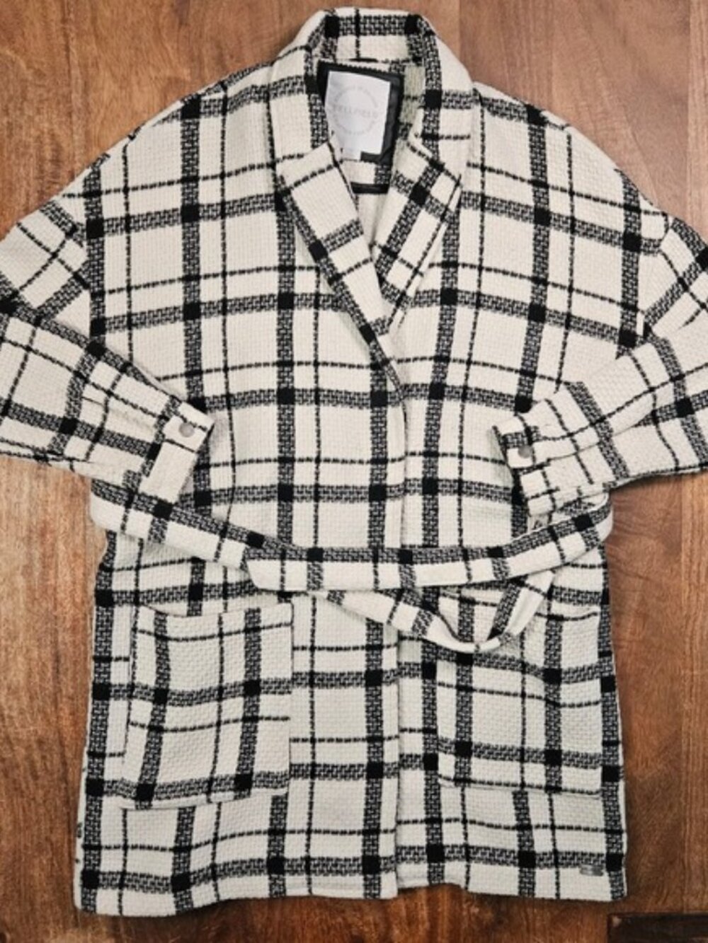 Bellfield Belted Cardigan Womens Small Black Tan Plaid Long Winter Sweater